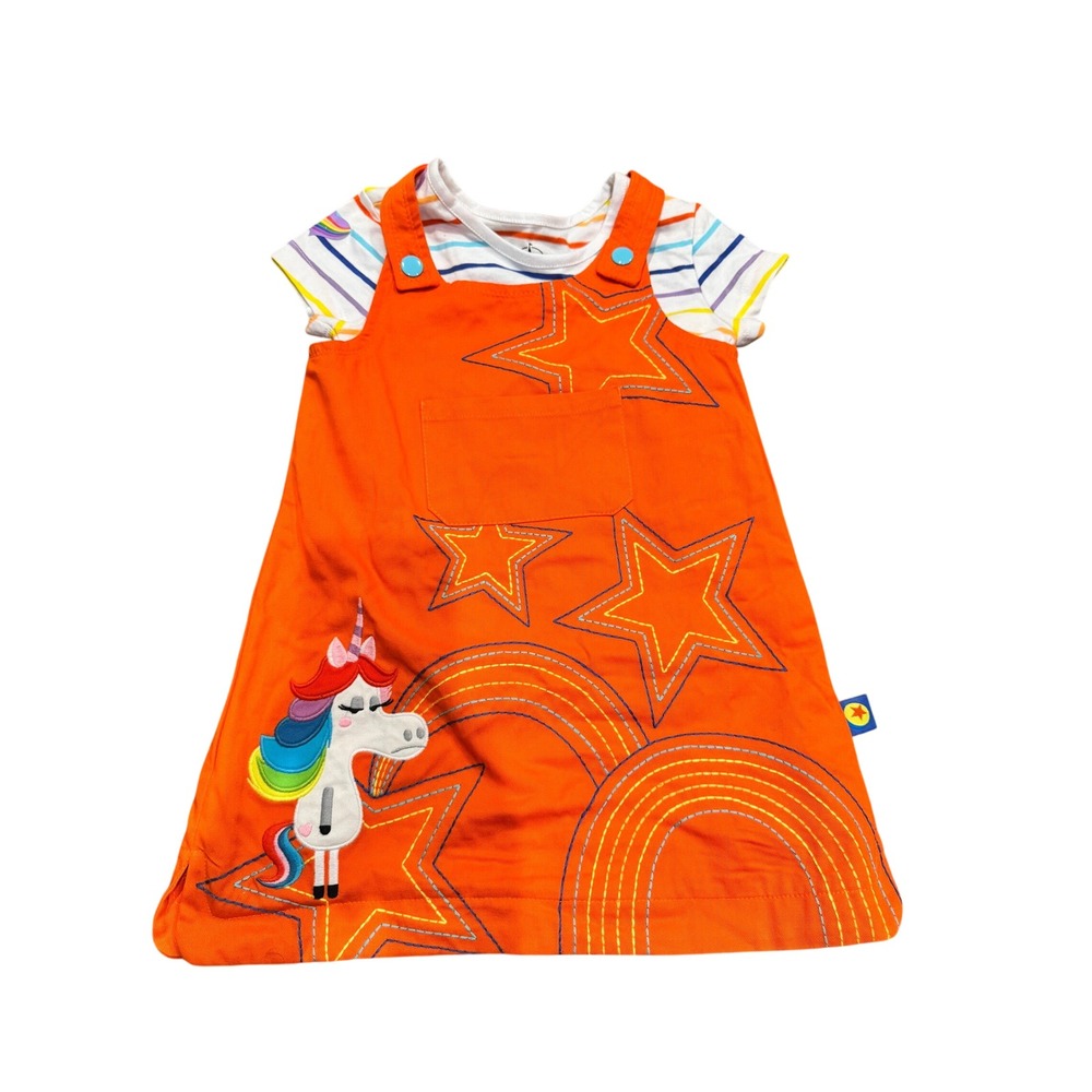 Disney Parks Girls Orange Unicorn Pinafore Dress Rainbow Stripe Shirt Set 3T